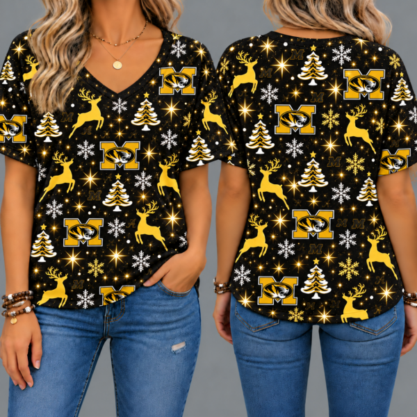 Missouri Tigers Women’s Christmas Reindeer Snowflake All-Over Print V-Neck Short Sleeve Shirt