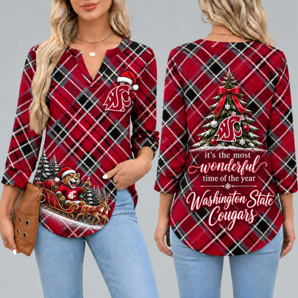 Washington State Cougars Women's Christmas Plaid V-Neck Collar Long Sleeve Casual Shirt with Festive Holiday Print
