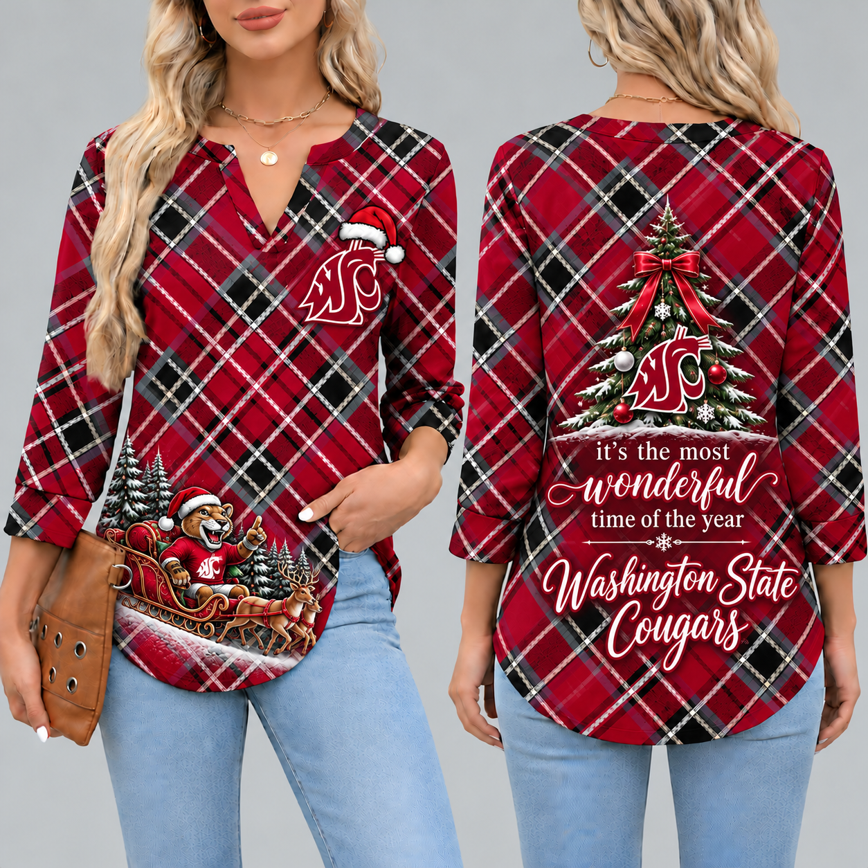 Washington State Cougars Women's Christmas Plaid V-Neck Collar Long Sleeve Casual Shirt with Festive Holiday Print