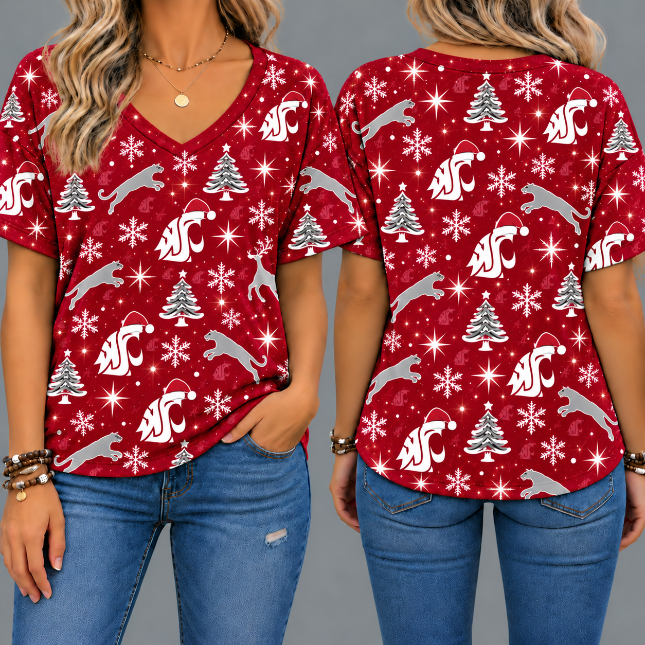 Washington State Cougars Women’s Christmas Reindeer Snowflake All-Over Print V-Neck Short Sleeve Shirt