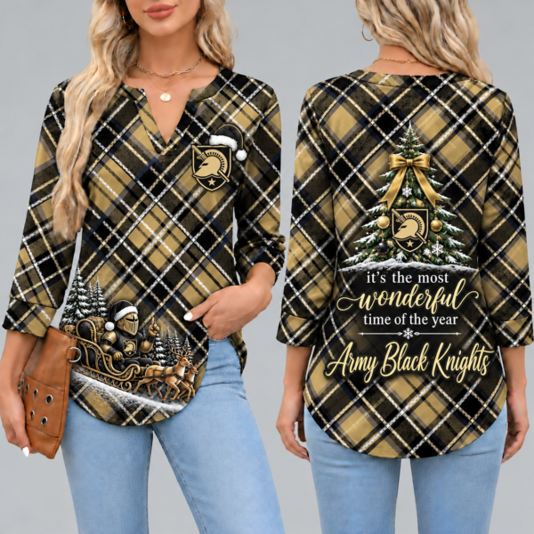 Army Black Knights Women's Christmas Plaid V-Neck Collar Long Sleeve Casual Shirt with Festive Holiday Print