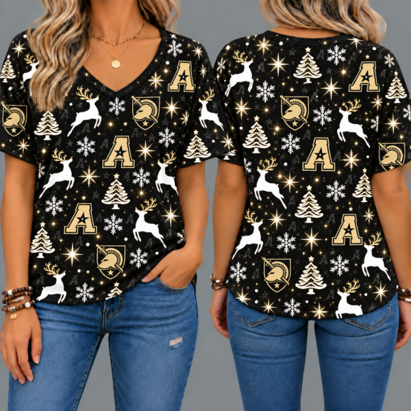 Army Black Knights Women’s Christmas Reindeer Snowflake All-Over Print V-Neck Short Sleeve Shirt
