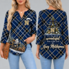 Navy Midshipmen Women's Christmas Plaid V-Neck Collar Long Sleeve Casual Shirt with Festive Holiday Print