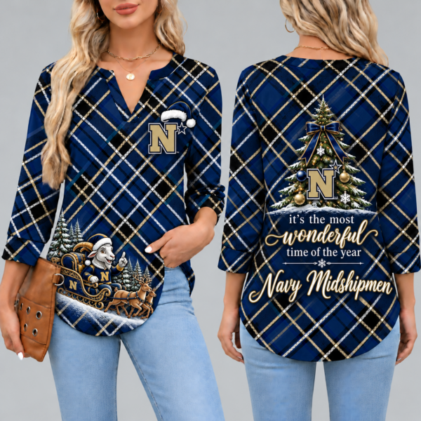 Navy Midshipmen Women's Christmas Plaid V-Neck Collar Long Sleeve Casual Shirt with Festive Holiday Print