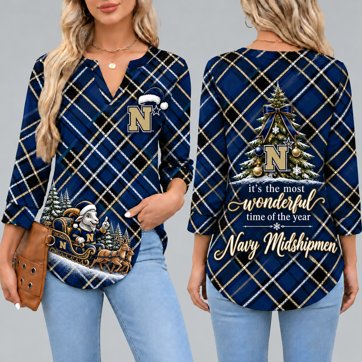 Navy Midshipmen Women's Christmas Plaid V-Neck Collar Long Sleeve Casual Shirt with Festive Holiday Print