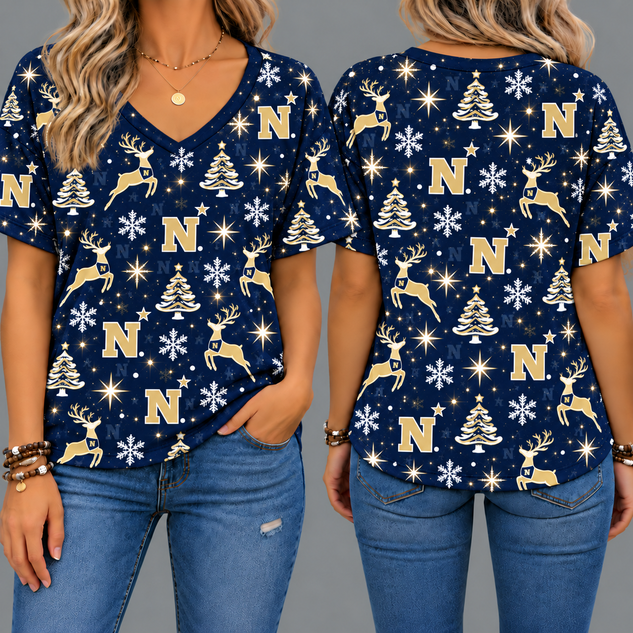 Navy Midshipmen Women’s Christmas Reindeer Snowflake All-Over Print V-Neck Short Sleeve Shirt