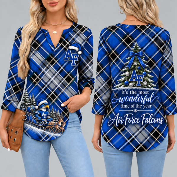 Air Force Falcons Women's Christmas Plaid V-Neck Collar Long Sleeve Casual Shirt with Festive Holiday Print