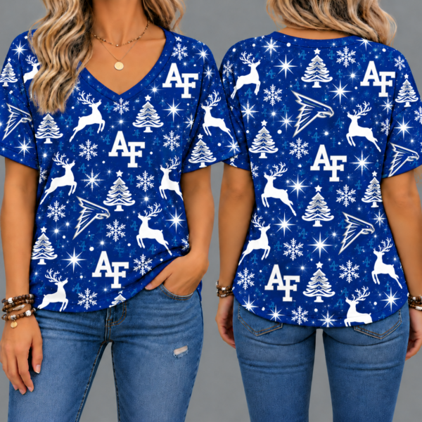 Air Force Falcons Women’s Christmas Reindeer Snowflake All-Over Print V-Neck Short Sleeve Shirt