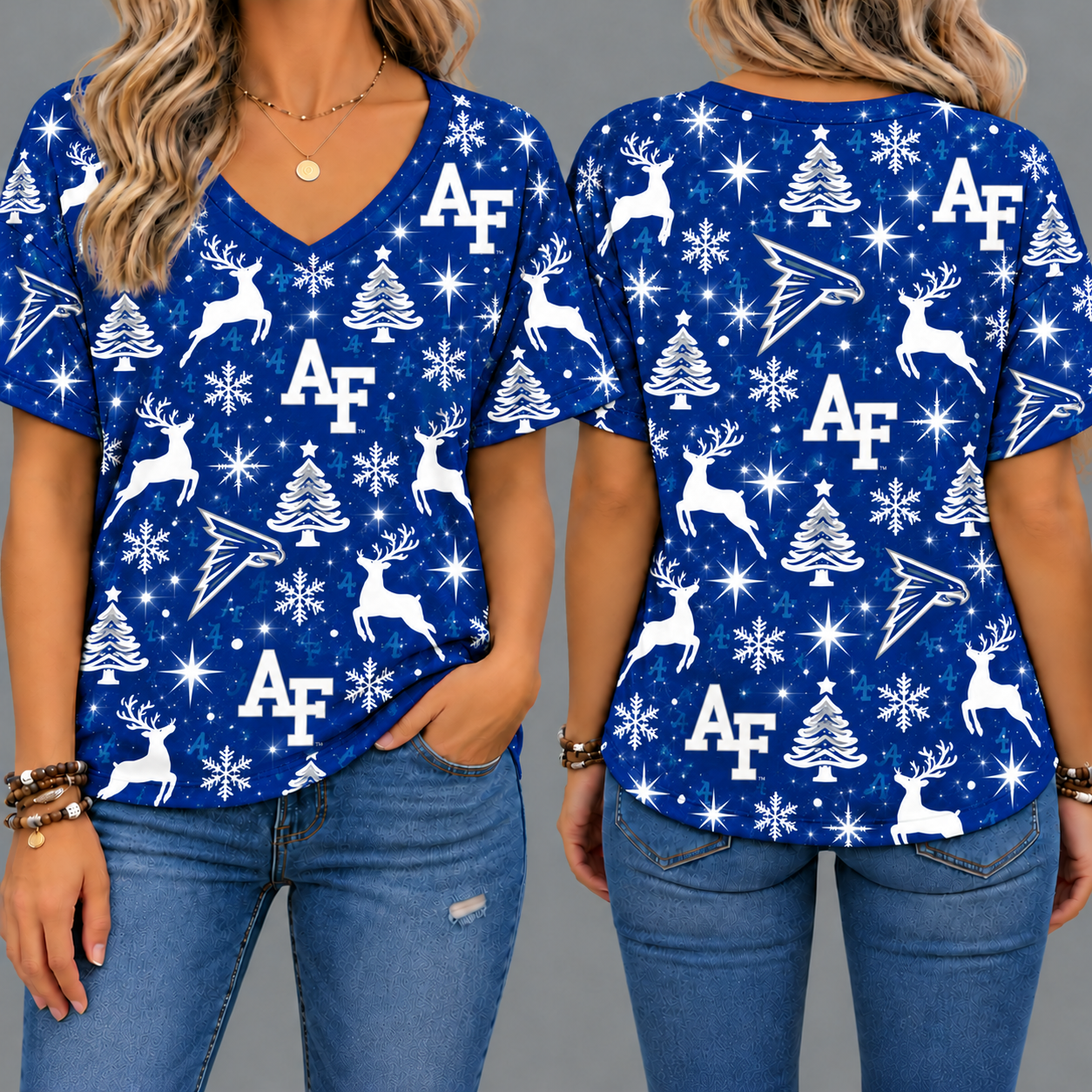Air Force Falcons Women’s Christmas Reindeer Snowflake All-Over Print V-Neck Short Sleeve Shirt