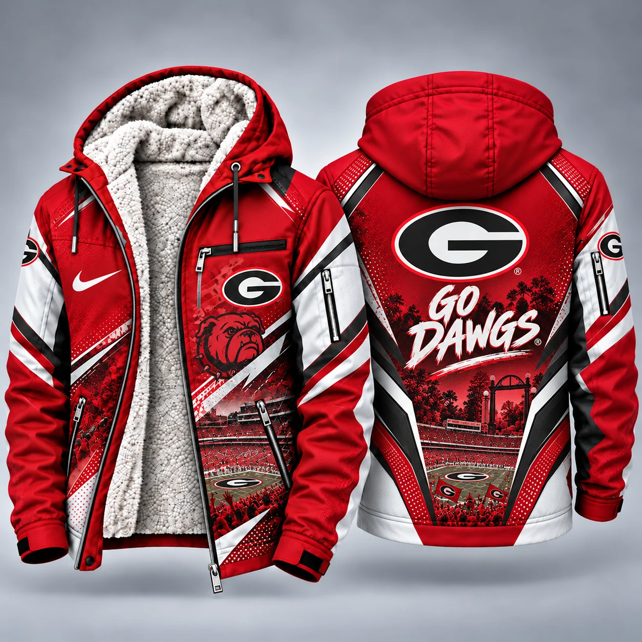 Georgia Bulldogs Men's Christmas Graphic Hooded Winter Coat – Festive Holiday Edition