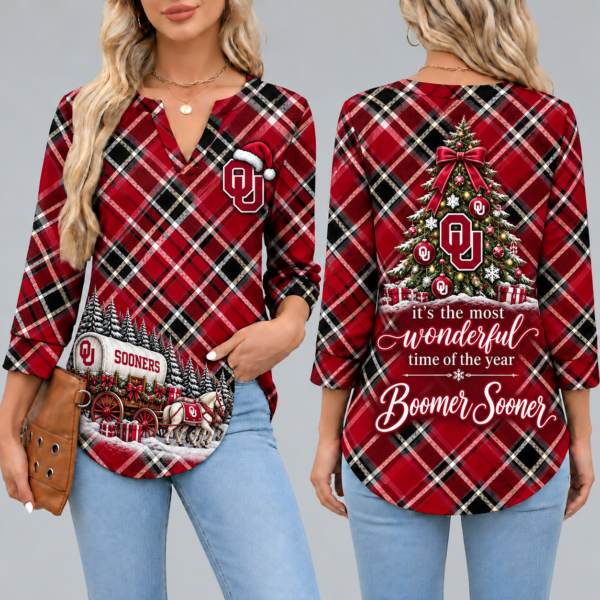 Oklahoma Sooners Women's Christmas Plaid V-Neck Collar Long Sleeve Casual Shirt with Festive Holiday Print