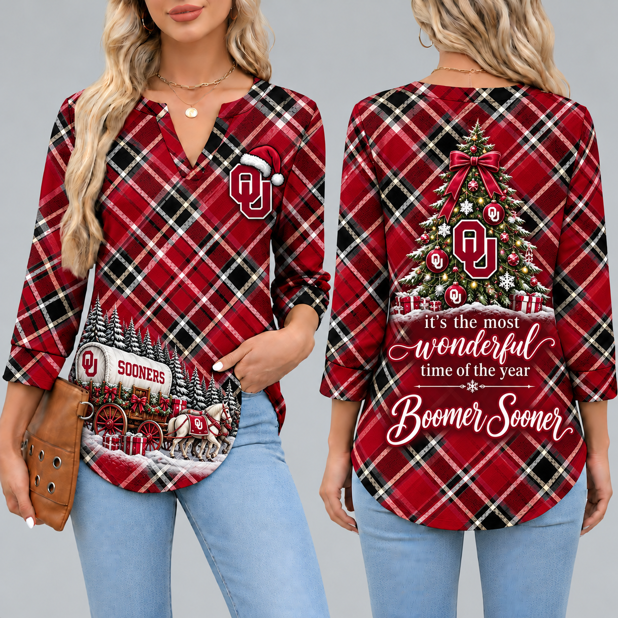 Oklahoma Sooners Women's Christmas Plaid V-Neck Collar Long Sleeve Casual Shirt with Festive Holiday Print