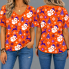 Clemson Tigers Women’s Christmas Reindeer Snowflake All-Over Print V-Neck Short Sleeve Shirt