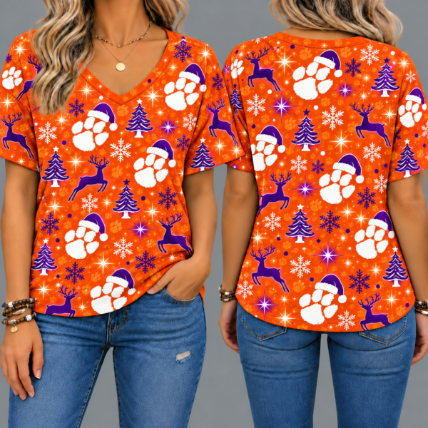 Clemson Tigers Women’s Christmas Reindeer Snowflake All-Over Print V-Neck Short Sleeve Shirt
