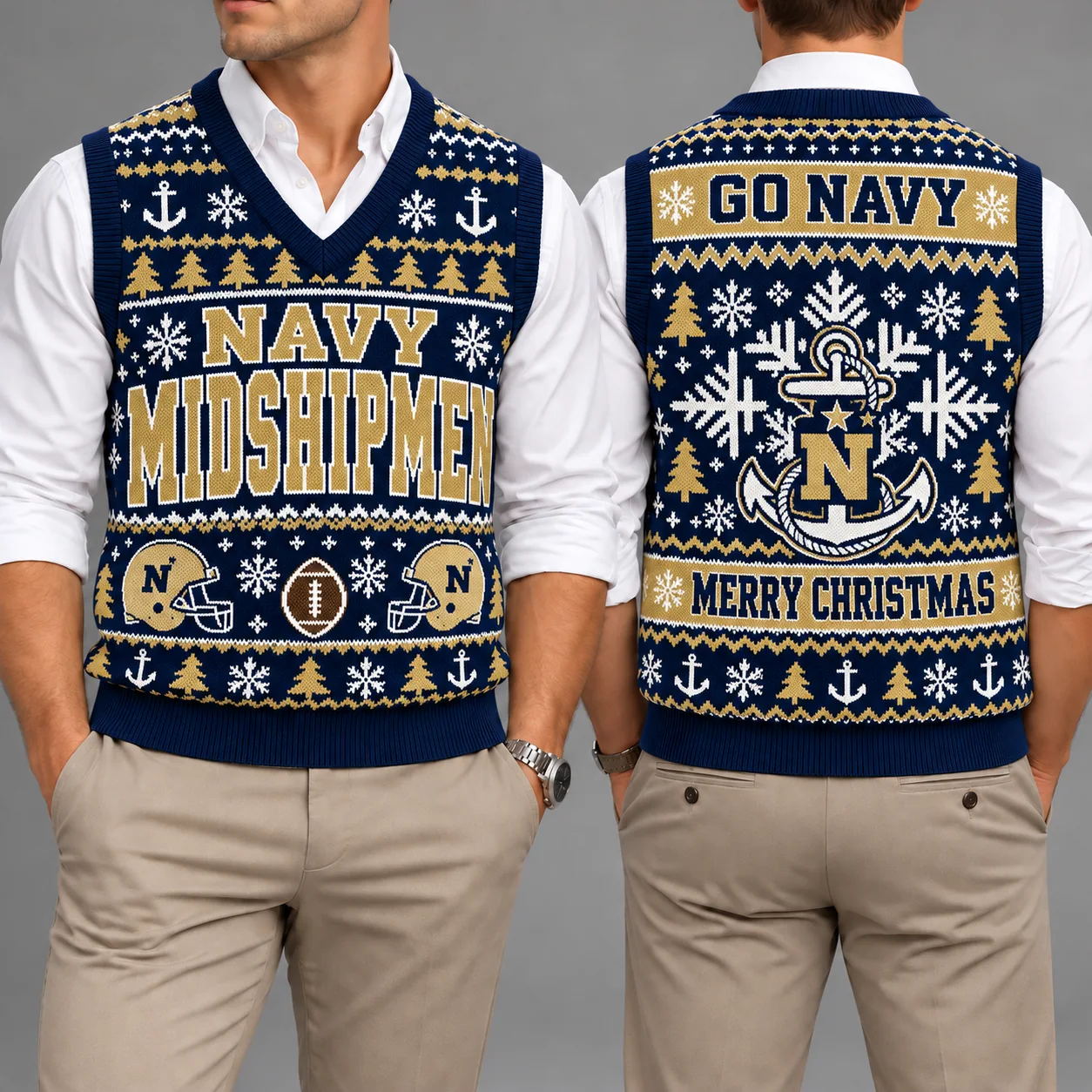 Navy Midshipmen Christmas Argyle Football Fan V-Neck Sleeveless Knit Vest