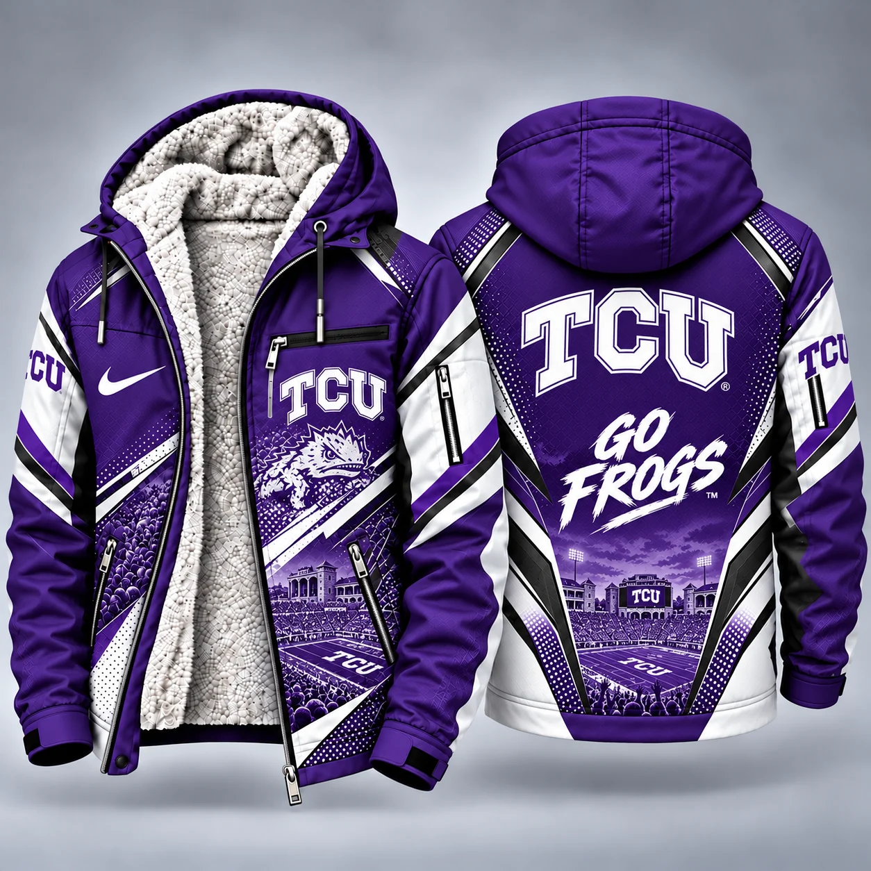 TCU Horned Frogs Men's Christmas Graphic Hooded Winter Coat – Festive Holiday Edition