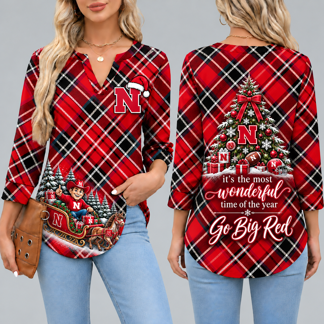 Nebraska Cornhuskers Women's Christmas Plaid V-Neck Collar Long Sleeve Casual Shirt with Festive Holiday Print