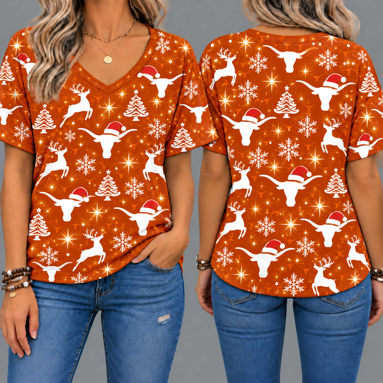 Texas Longhorns Women’s Christmas Reindeer Snowflake All-Over Print V-Neck Short Sleeve Shirt