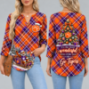 Clemson Tigers Women's Christmas Plaid V-Neck Collar Long Sleeve Casual Shirt with Festive Holiday Print