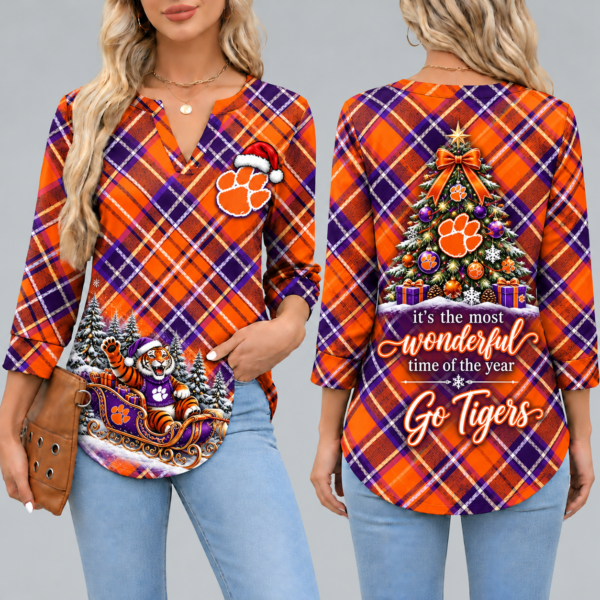 Clemson Tigers Women's Christmas Plaid V-Neck Collar Long Sleeve Casual Shirt with Festive Holiday Print