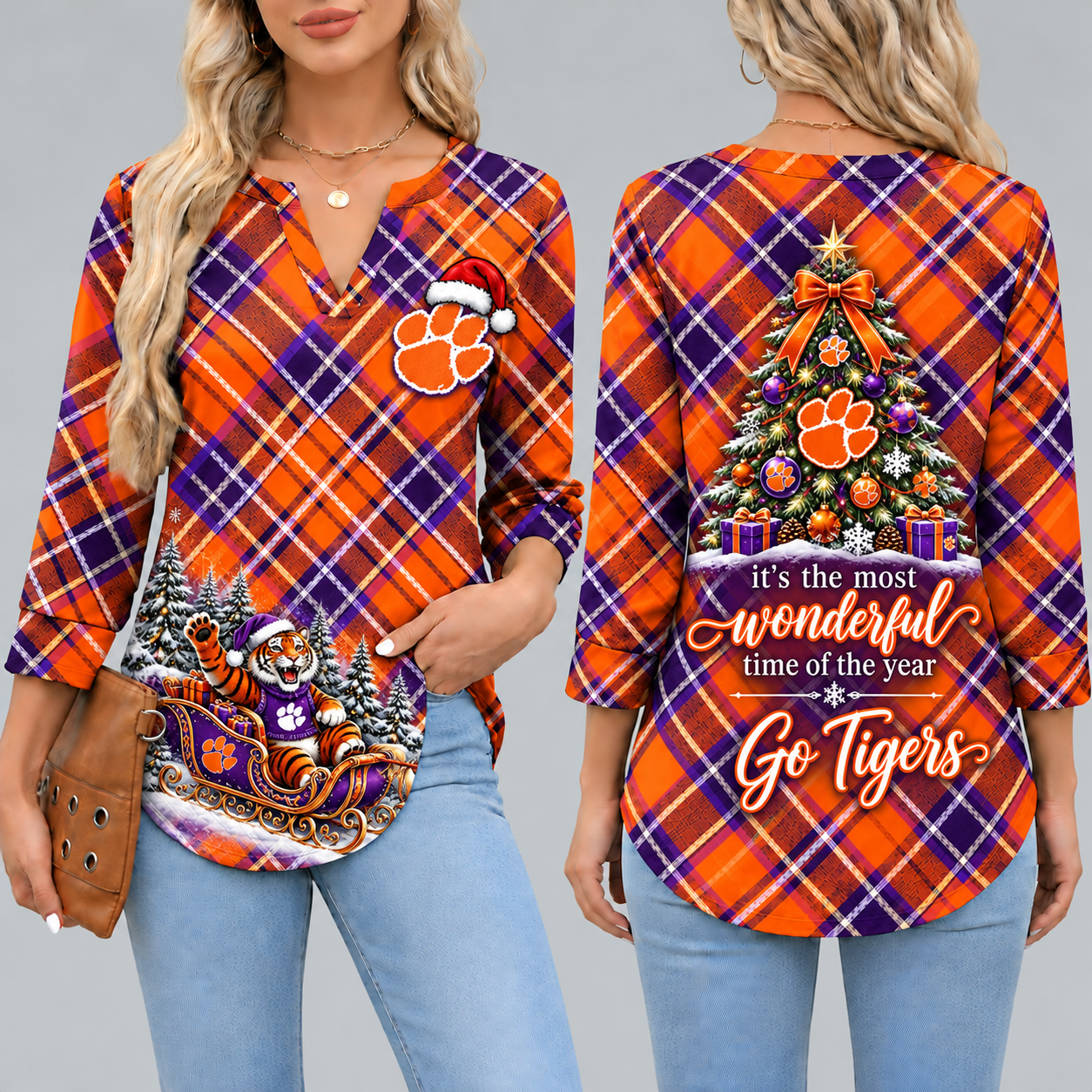 Clemson Tigers Women's Christmas Plaid V-Neck Collar Long Sleeve Casual Shirt with Festive Holiday Print