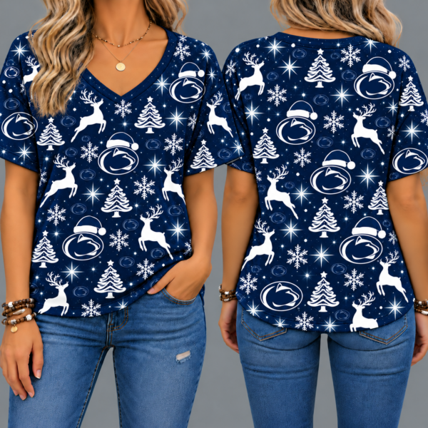 Penn State Nittany Lions Women’s Christmas Reindeer Snowflake All-Over Print V-Neck Short Sleeve Shirt