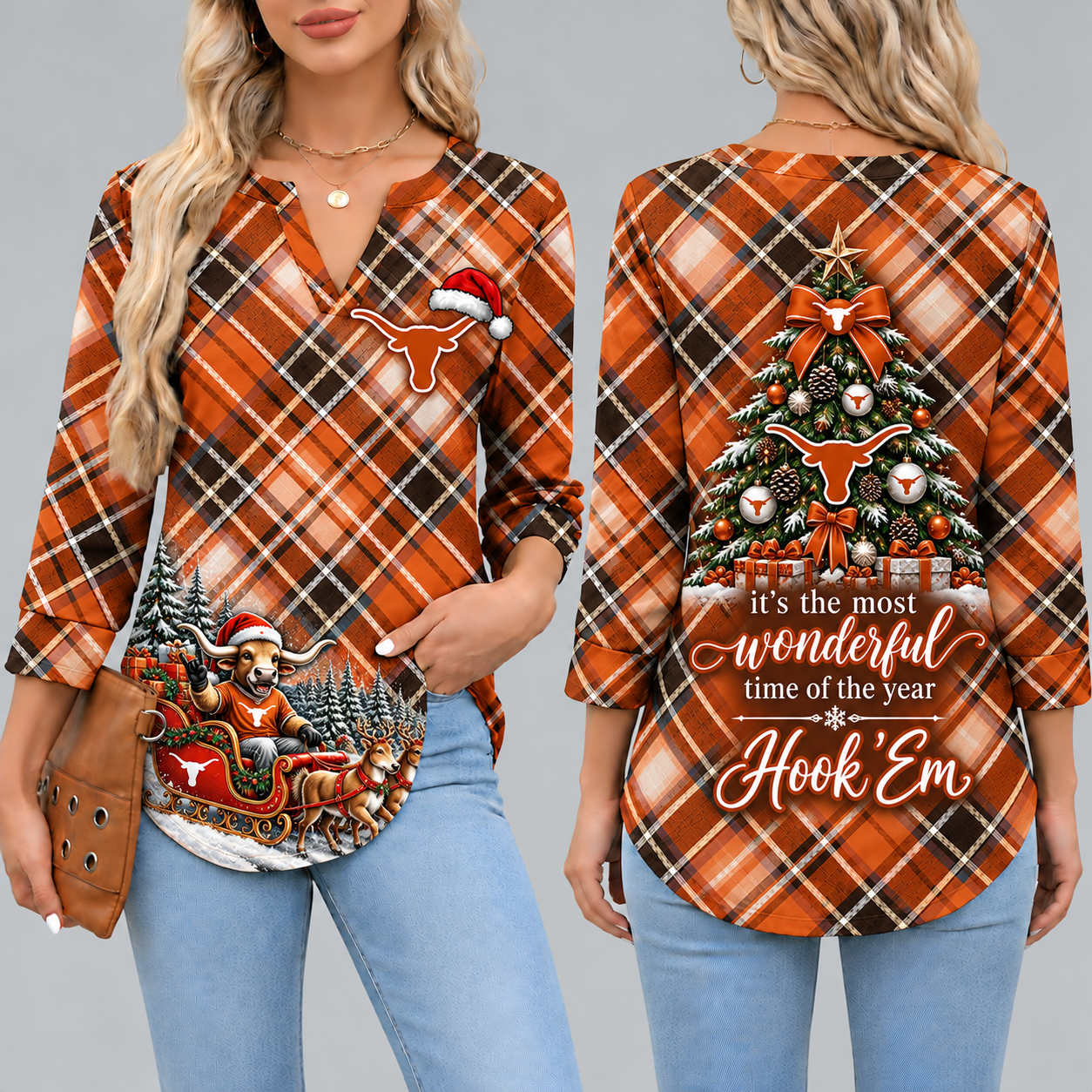 Texas Longhorns Women's Christmas Plaid V-Neck Collar Long Sleeve Casual Shirt with Festive Holiday Print