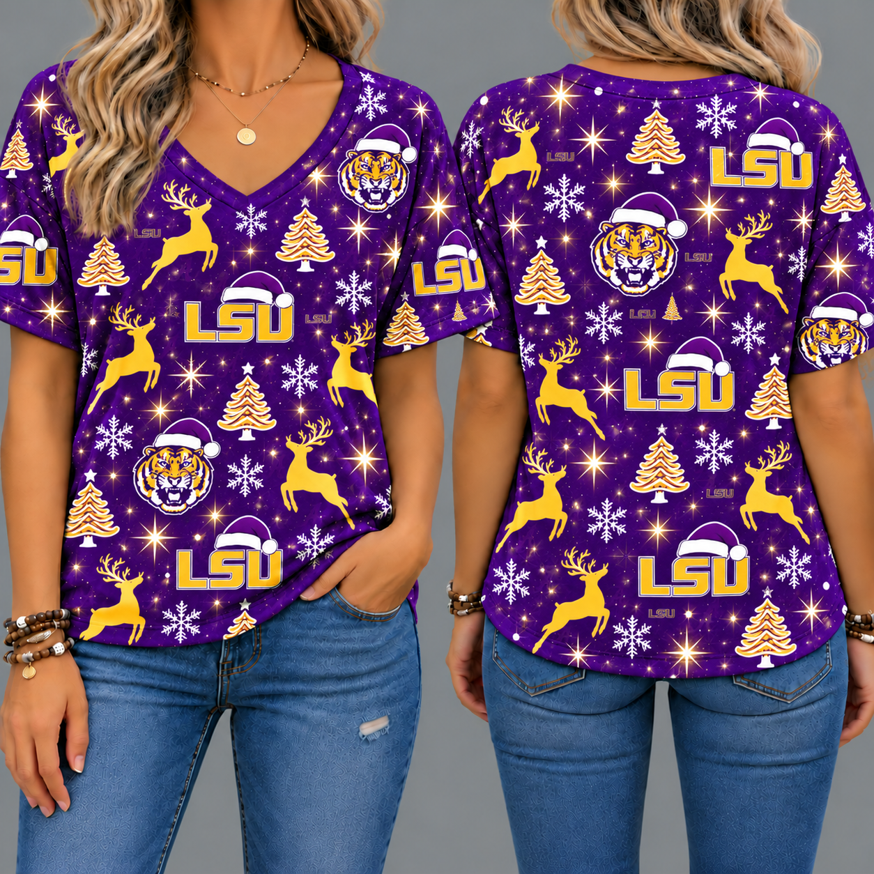 LSU Tigers Women’s Christmas Reindeer Snowflake All-Over Print V-Neck Short Sleeve Shirt