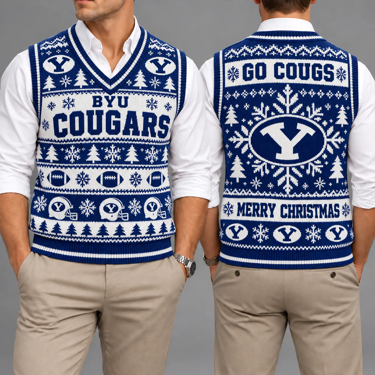 BYU Cougars Christmas Argyle Football Fan V-Neck Sleeveless Knit Vest