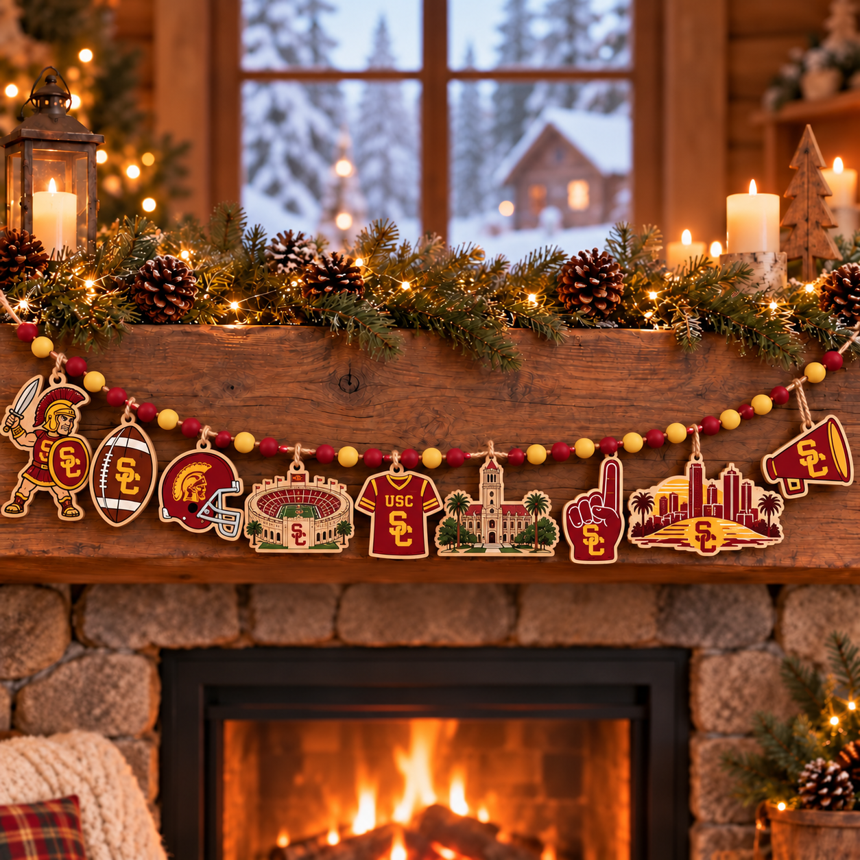USC Trojans Wooden Christmas Garland – Football Team Holiday Hanging Decorations