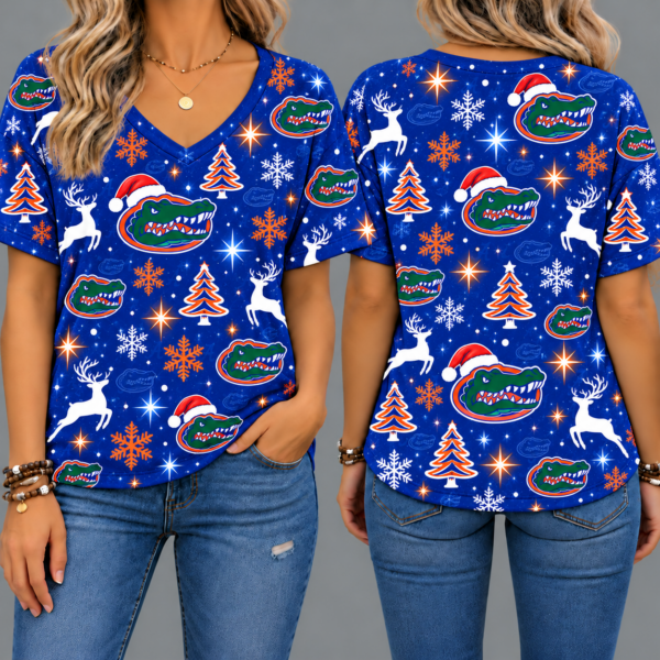 Florida Gators Women’s Christmas Reindeer Snowflake All-Over Print V-Neck Short Sleeve Shirt