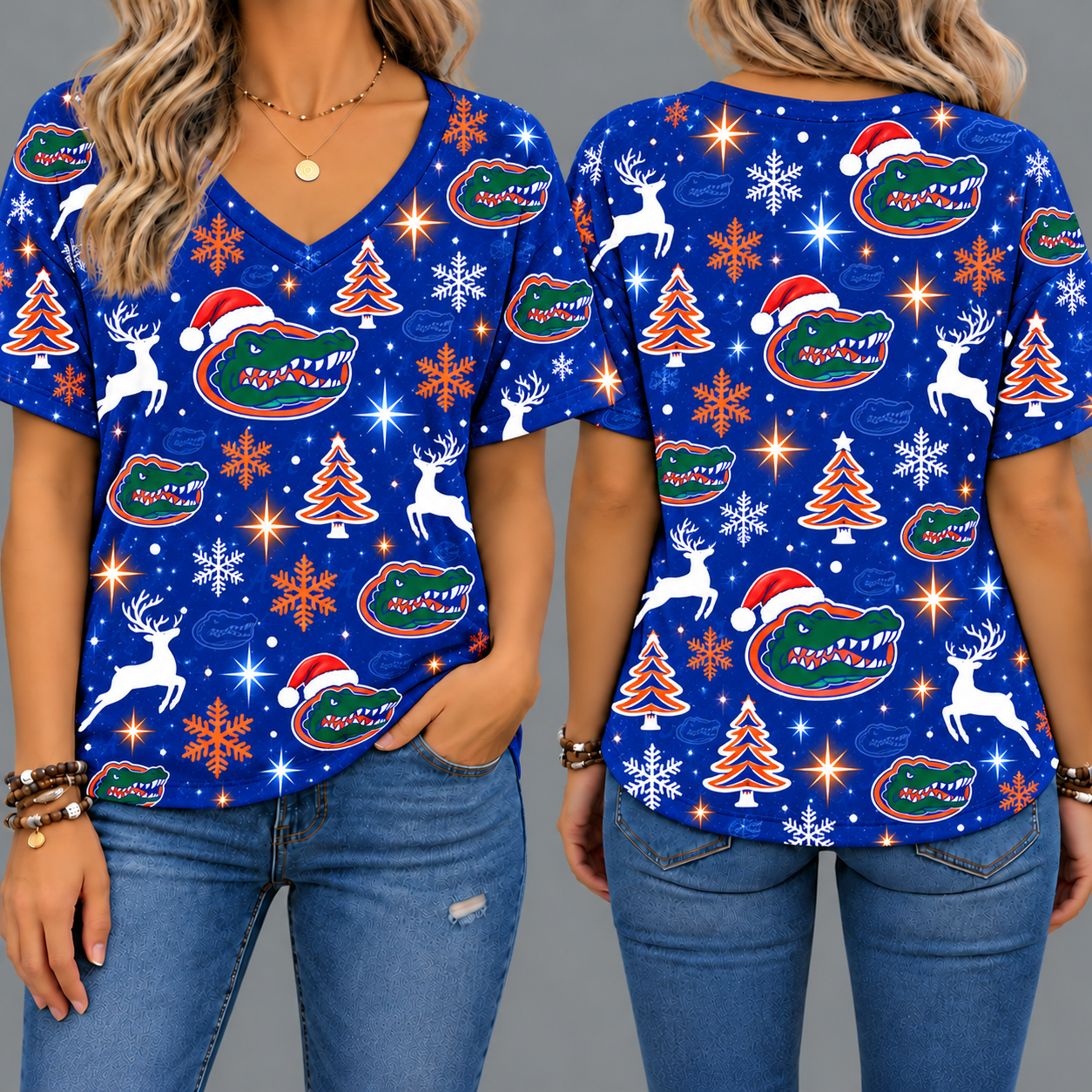 Florida Gators Women’s Christmas Reindeer Snowflake All-Over Print V-Neck Short Sleeve Shirt