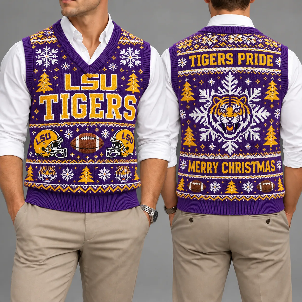 LSU Tigers Christmas Argyle Football Fan V-Neck Sleeveless Knit Vest
