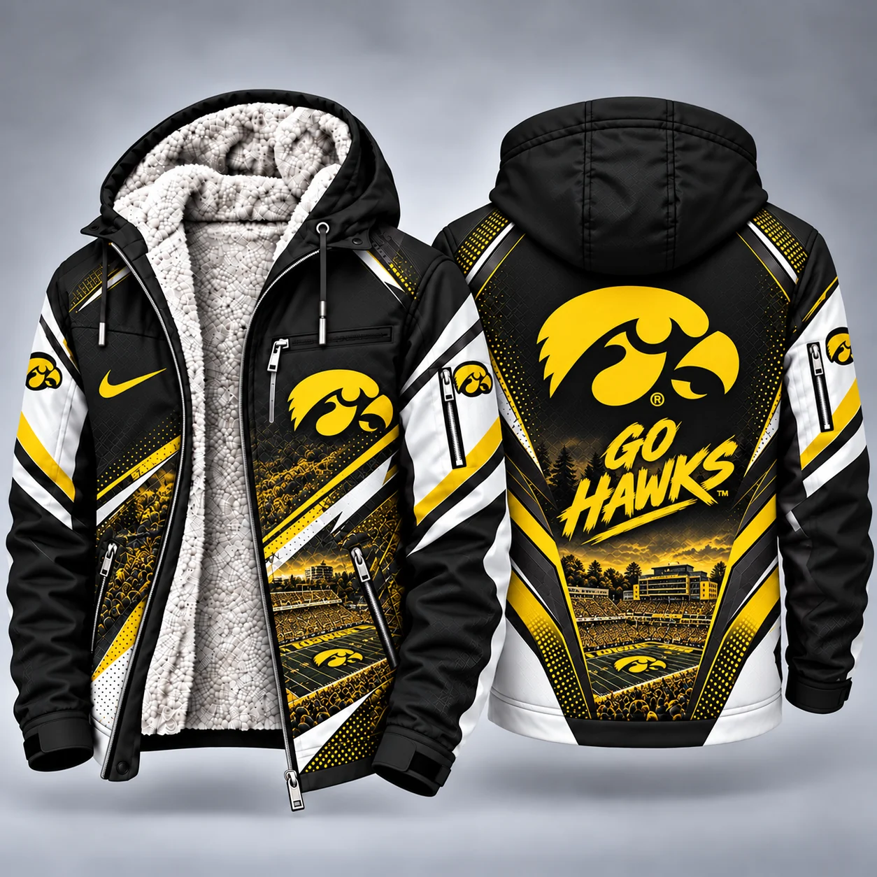 Iowa Hawkeyes Men's Christmas Graphic Hooded Winter Coat – Festive Holiday Edition