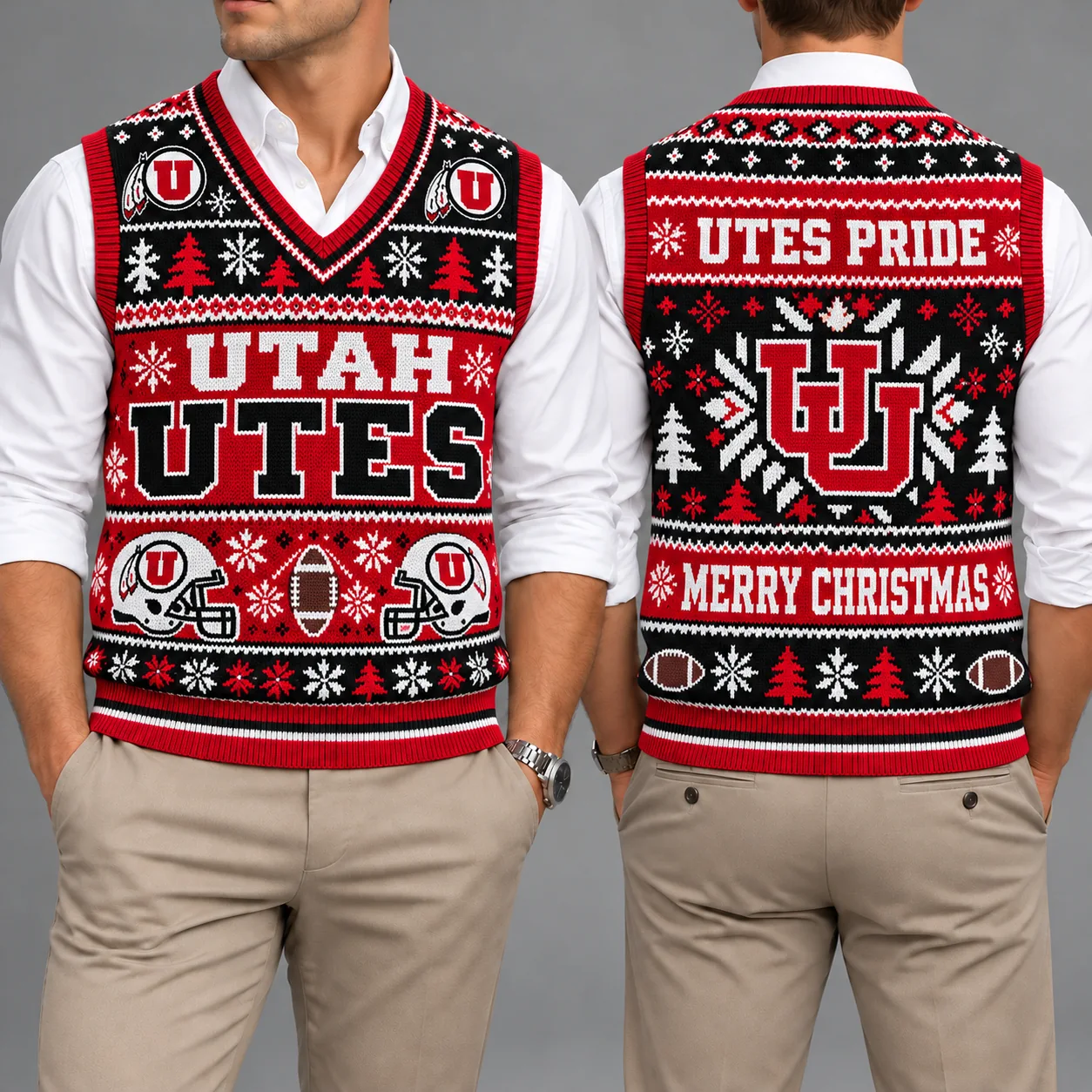 Utah Utes Christmas Argyle Football Fan V-Neck Sleeveless Knit Vest