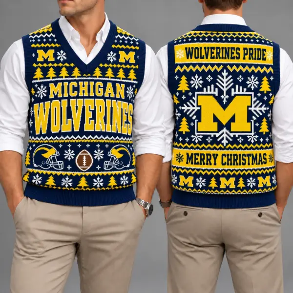 Michigan Wolverines Christmas Argyle Football Fan V-Neck Sleeveless Knit Vest