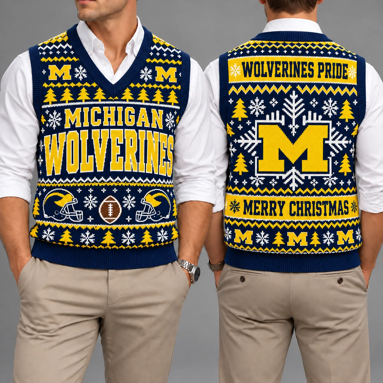 Michigan Wolverines Christmas Argyle Football Fan V-Neck Sleeveless Knit Vest