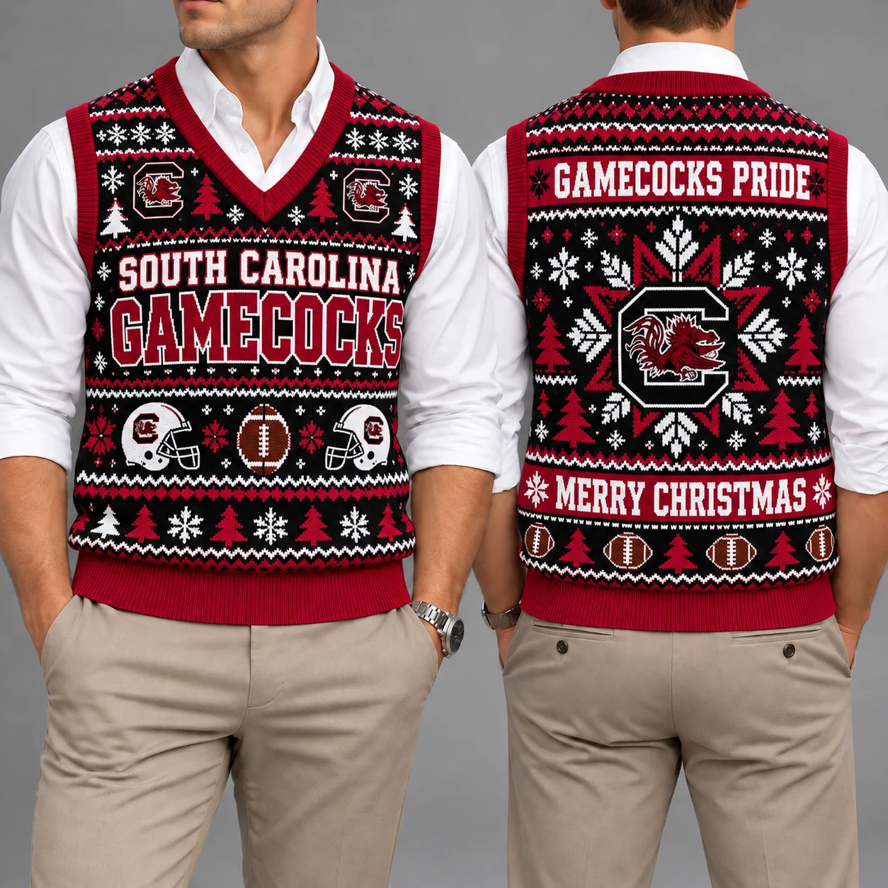 South Carolina Gamecocks Christmas Argyle Football Fan V-Neck Sleeveless Knit Vest
