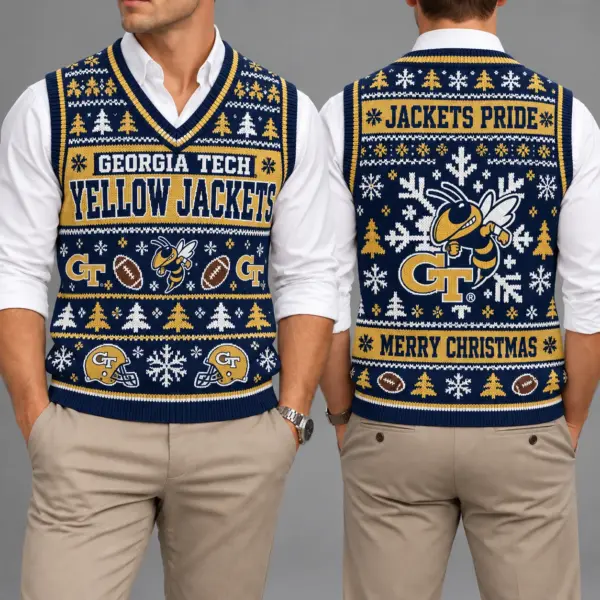 Georgia Tech Yellow Jackets Christmas Argyle Football Fan V-Neck Sleeveless Knit Vest