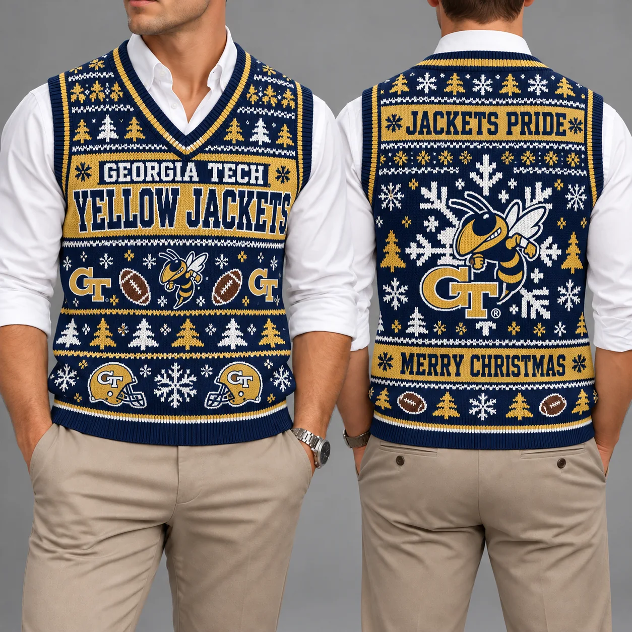 Georgia Tech Yellow Jackets Christmas Argyle Football Fan V-Neck Sleeveless Knit Vest