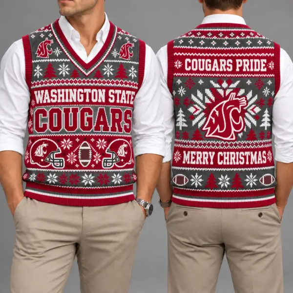 Washington State Cougars Christmas Argyle Football Fan V-Neck Sleeveless Knit Vest