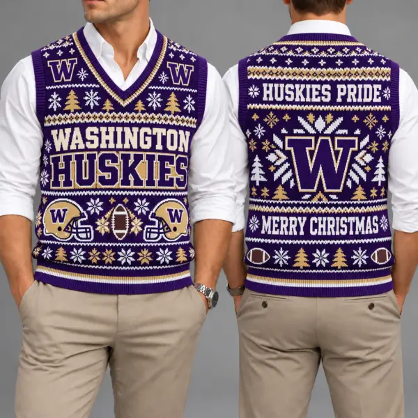 Washington Huskies Christmas Argyle Football Fan V-Neck Sleeveless Knit Vest