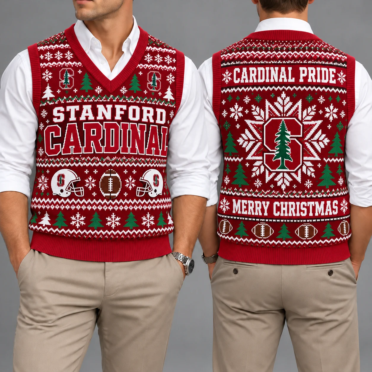 Stanford Cardinal Christmas Argyle Football Fan V-Neck Sleeveless Knit Vest