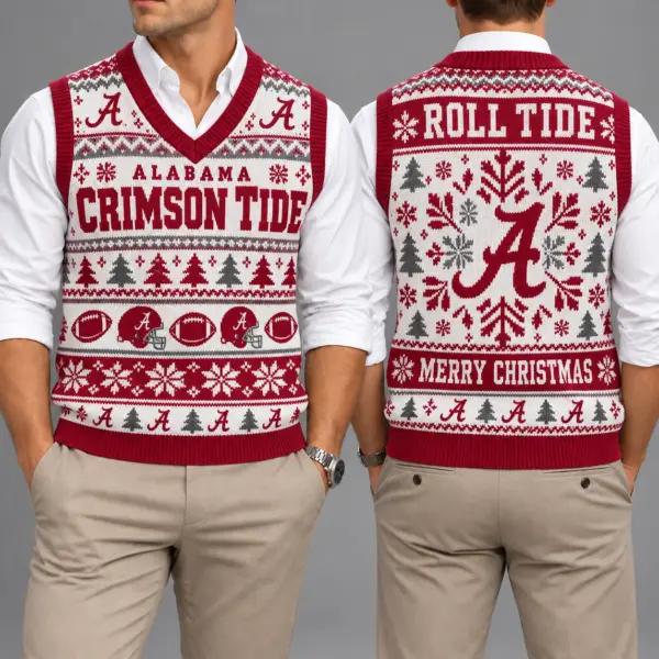 Alabama Crimson Tide Christmas Argyle Football Fan V-Neck Sleeveless Knit Vest