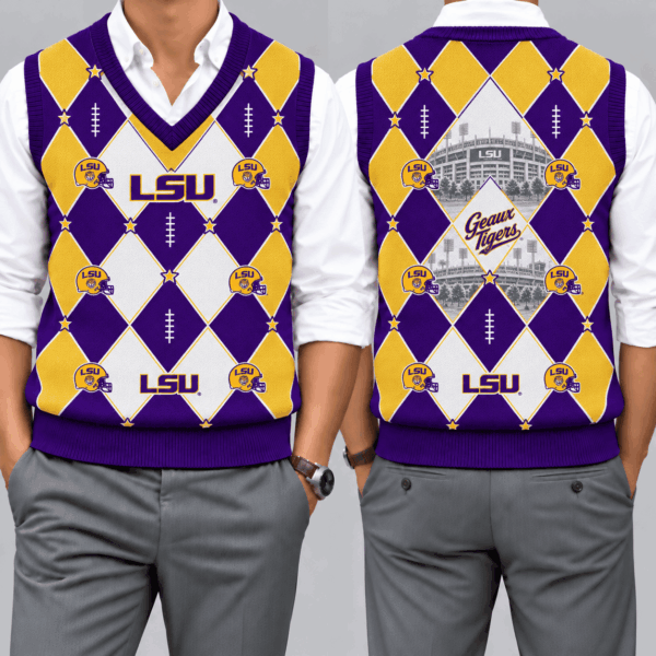 LSU Tigers Team Argyle Football Fan V-Neck Sleeveless Knit Vest