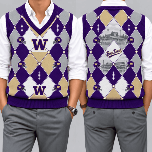Washington Huskies Team Argyle Football Fan V-Neck Sleeveless Knit Vest