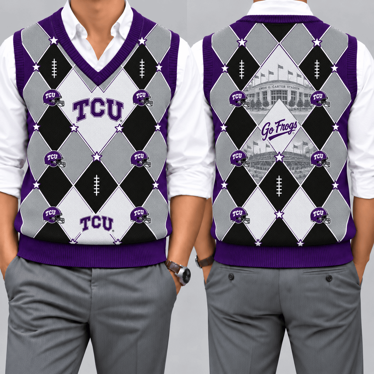 TCU Horned Frogs Team Argyle Football Fan V-Neck Sleeveless Knit Vest
