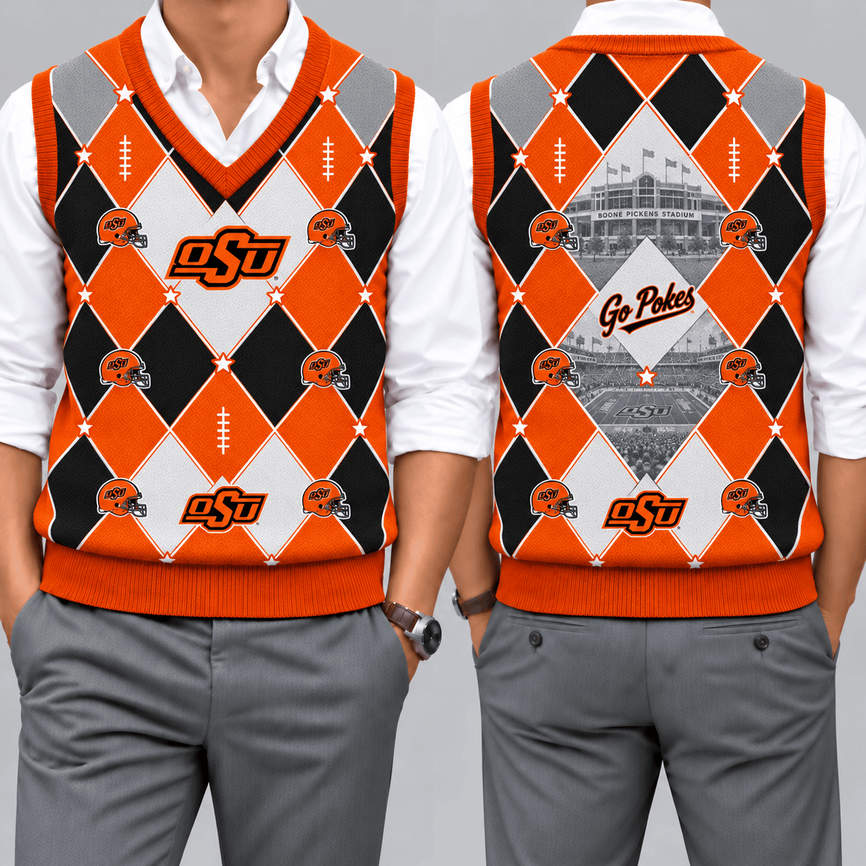Oklahoma State Cowboys Team Argyle Football Fan V-Neck Sleeveless Knit Vest