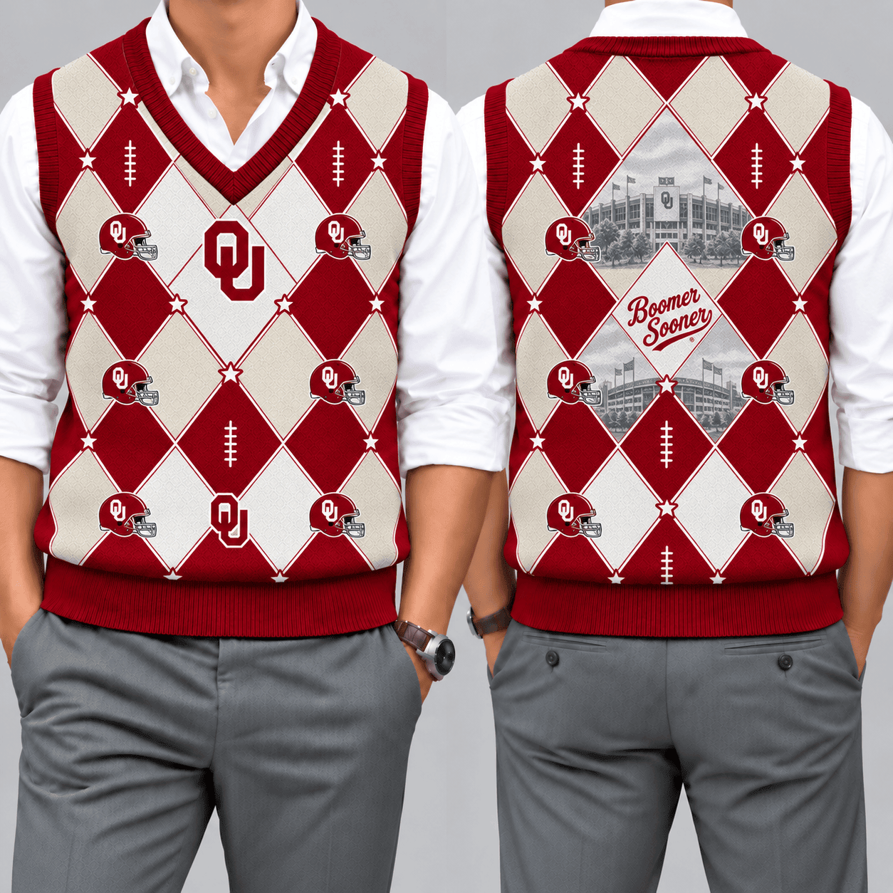 Oklahoma Sooners Team Argyle Football Fan V-Neck Sleeveless Knit Vest