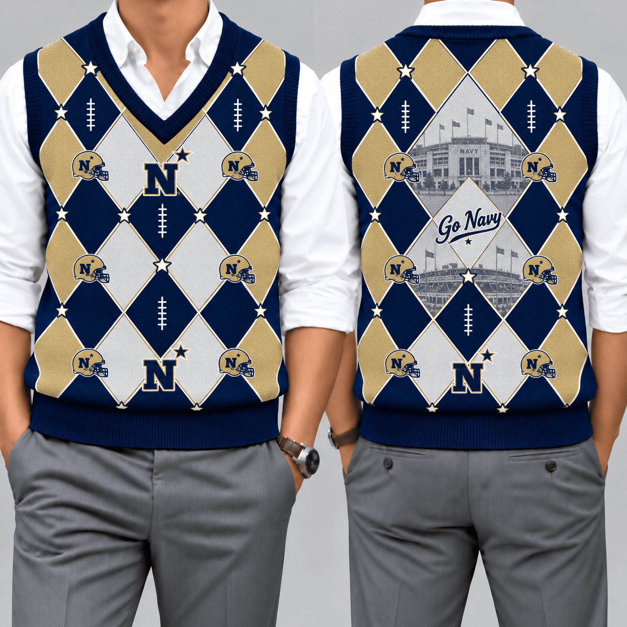 Navy Midshipmen Team Argyle Football Fan V-Neck Sleeveless Knit Vest